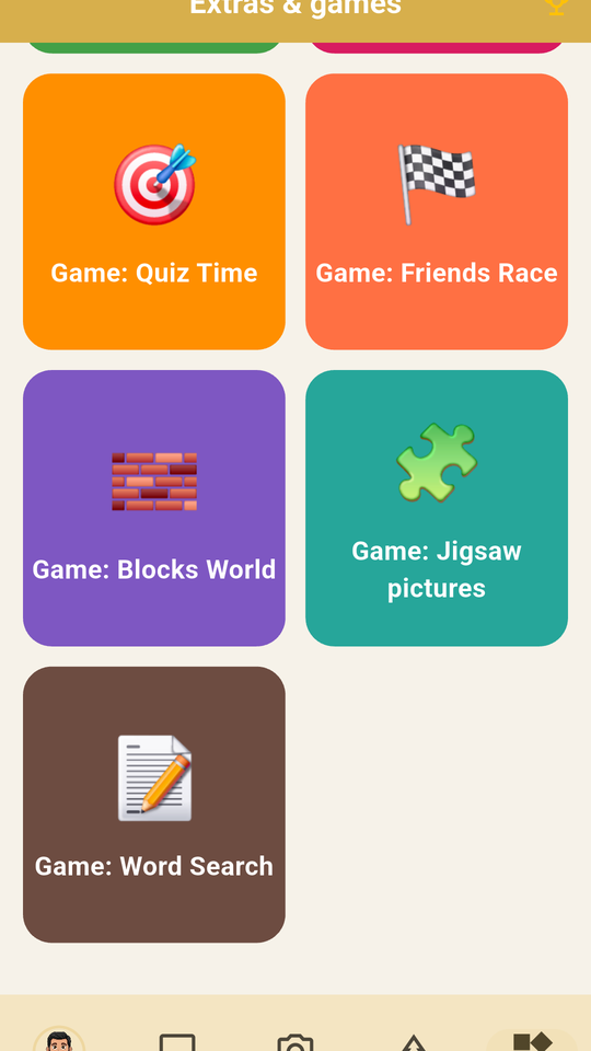 The Glowbee games grid: quiz, friends race, blocks world, jigsaw, word search